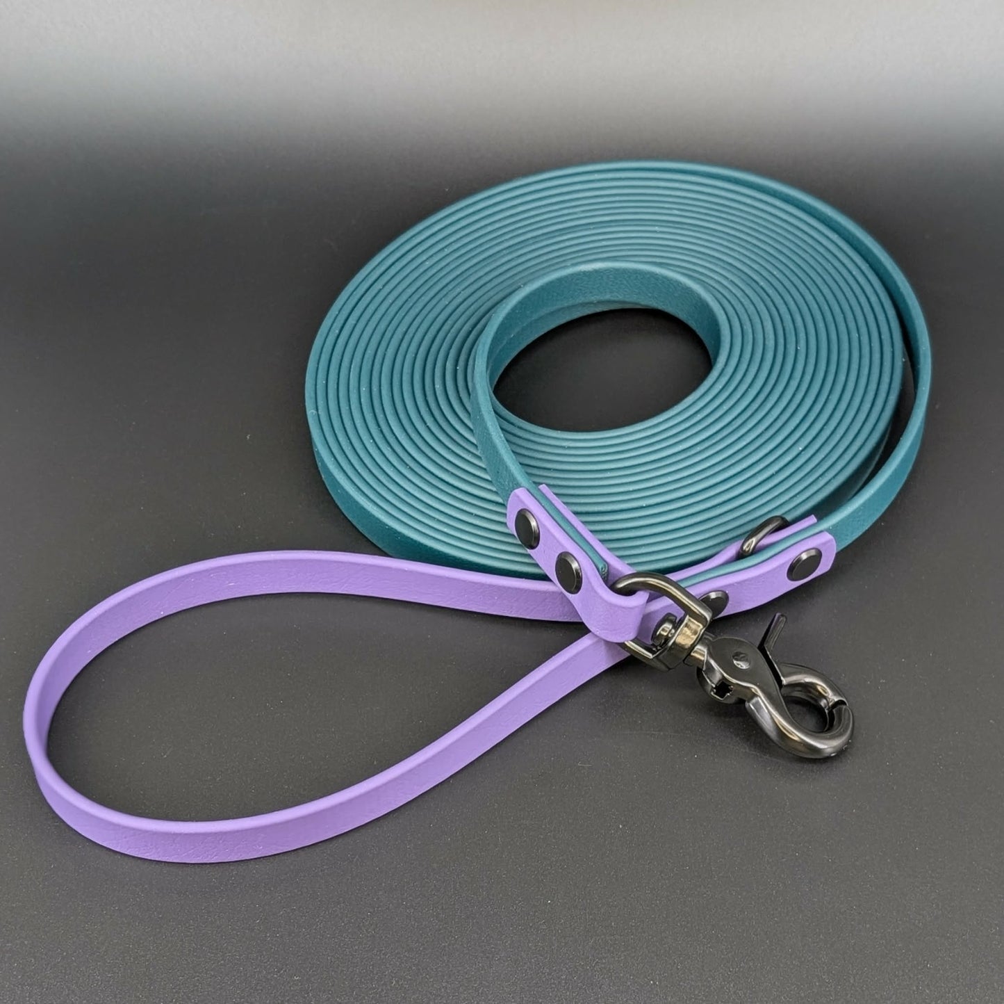 dark purple and dark green biothane long line with black hardware