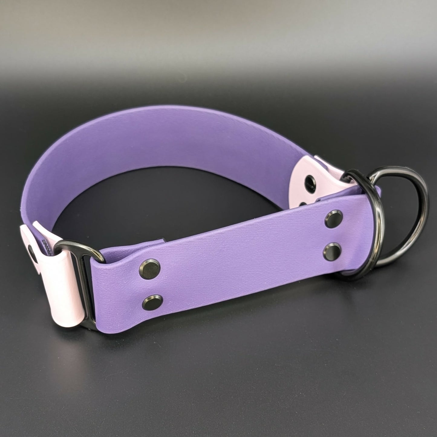 dark purple and lavender biothane limited slip dog collar with feral af text
