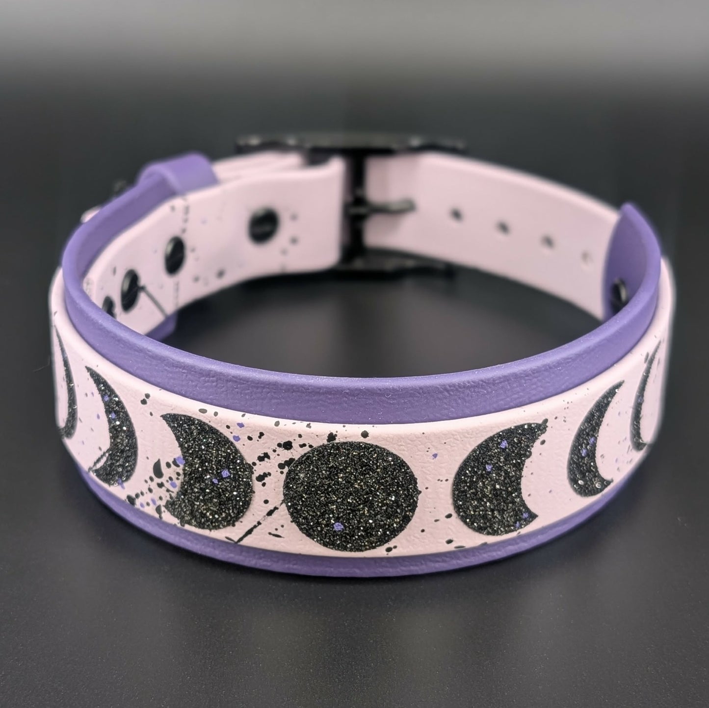 dark purple and lavender layered biothane moon phases collar with splatter paint stars
