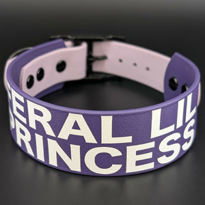 dark purple and lavender tapered biothane dog collar with feral lil princess text