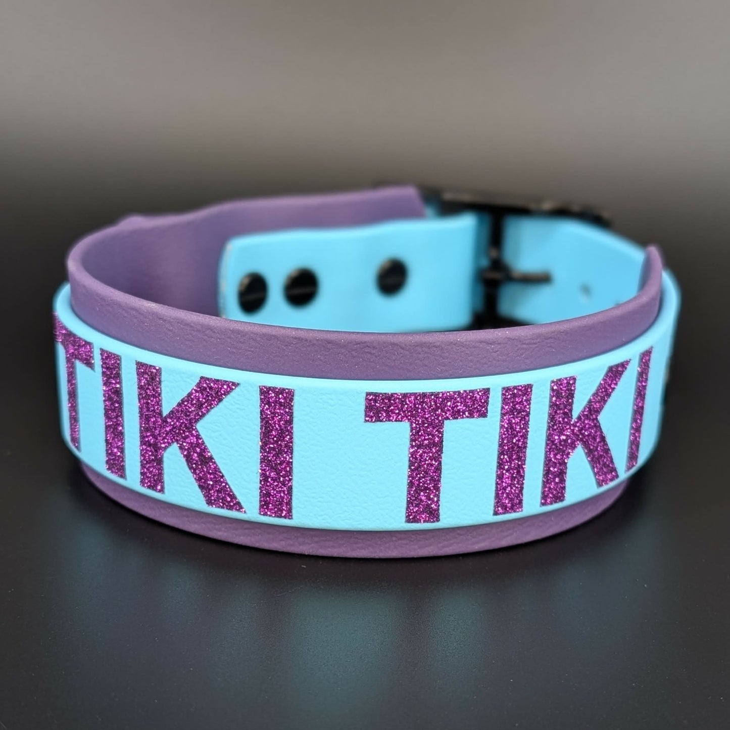 dark purple and light blue layered biothane dog collar with custom text