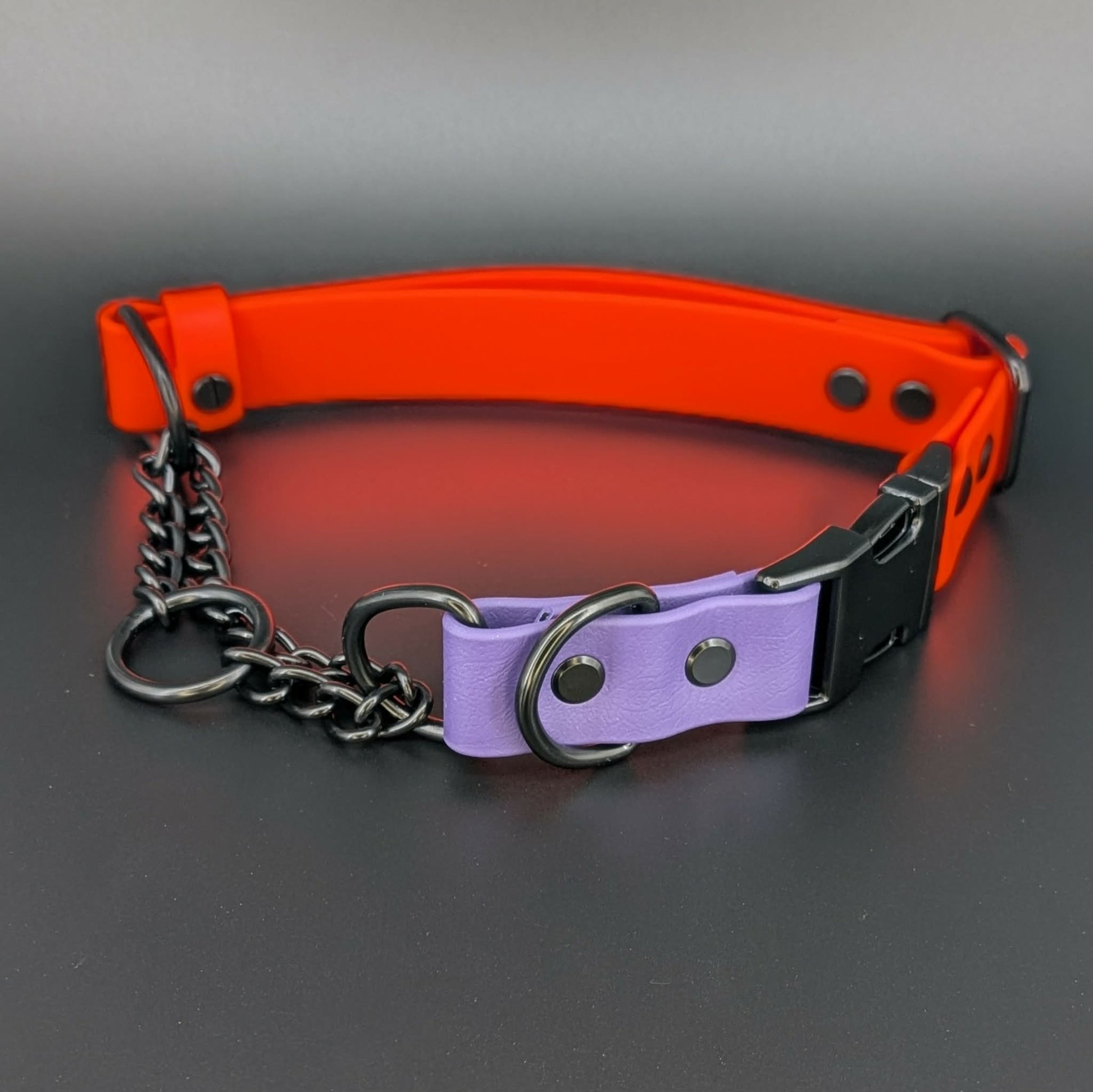 dark purple and orange biothane chain martingale dog collar with quick release buckle