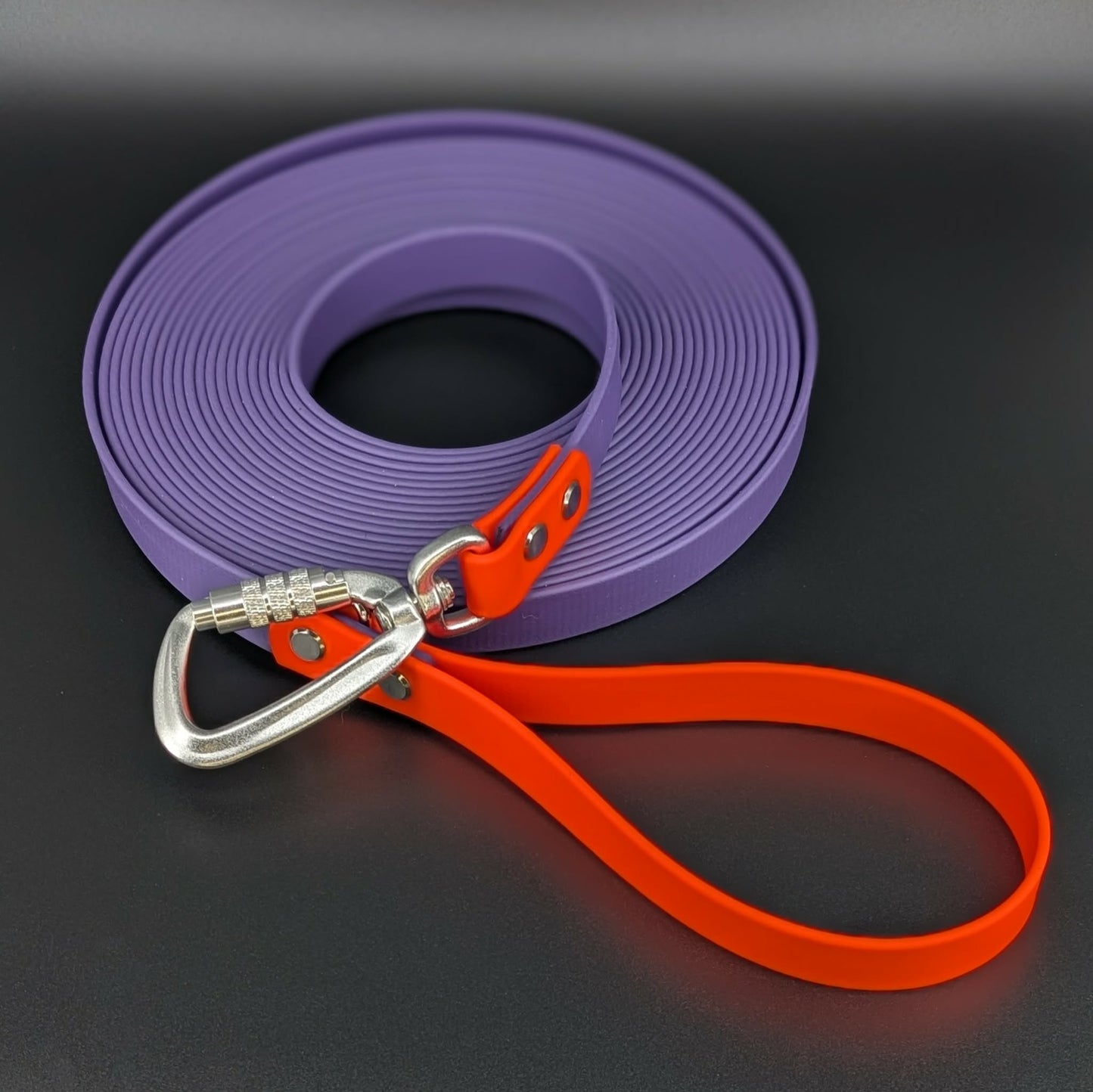 dark purple and orange biothane long line with auto locking carabiner clip