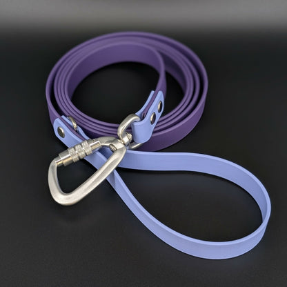dark purple and periwinkle blue biothane dog leash with auto locking carabiner clip