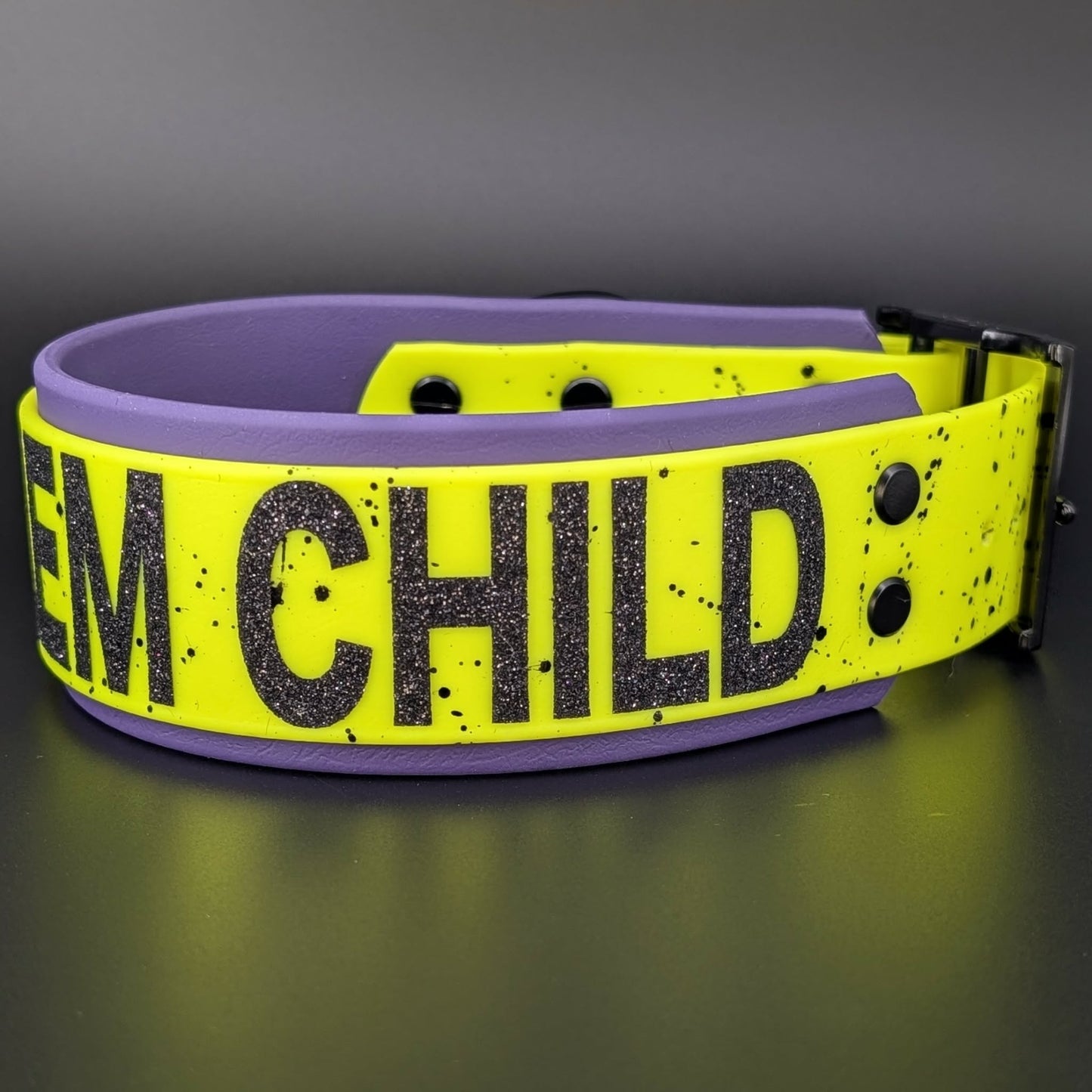 dark purple and yellow biothane problem child dog collar with splatter paint