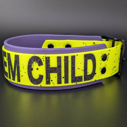 dark purple and yellow biothane problem child dog collar with splatter paint