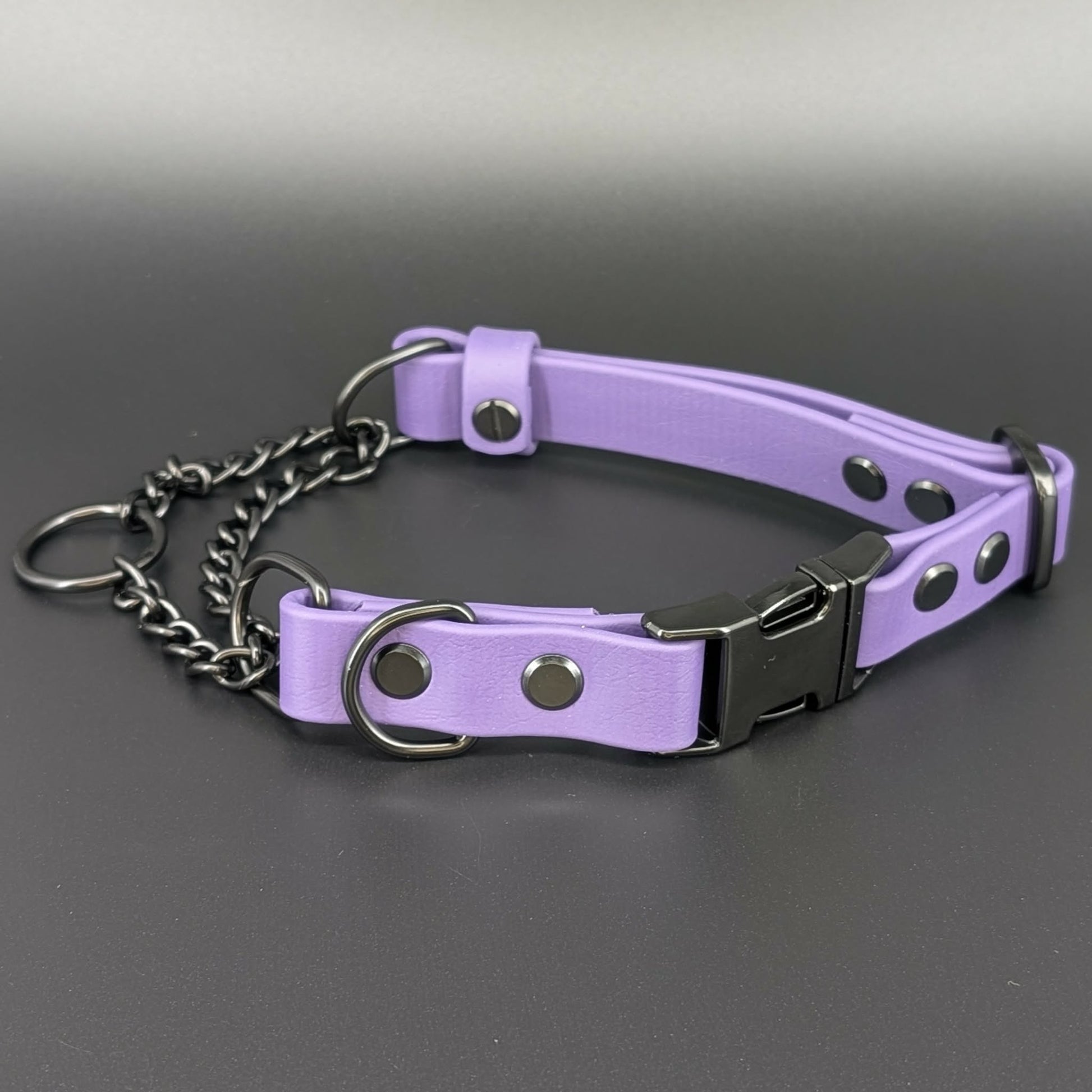 dark purple biothane and black chain martingale dog collar with black quick release buckle