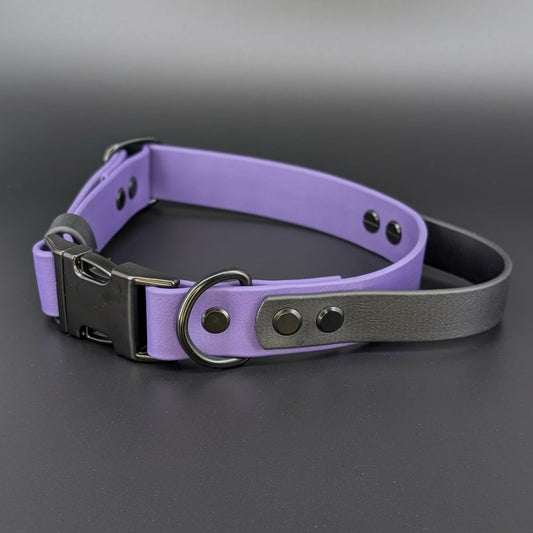 dark purple biothane dog collar with black tactical handle and quick release buckle