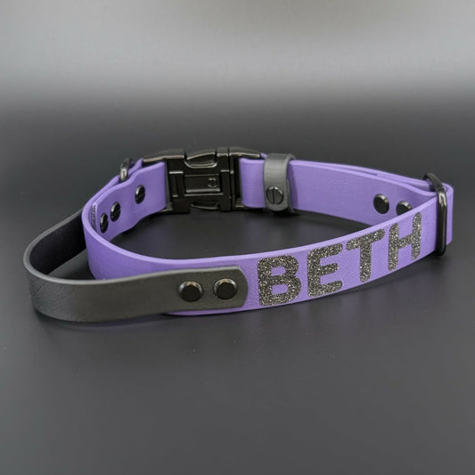 dark purple biothane dog collar with black tactical handle glitter text and quick release buckle