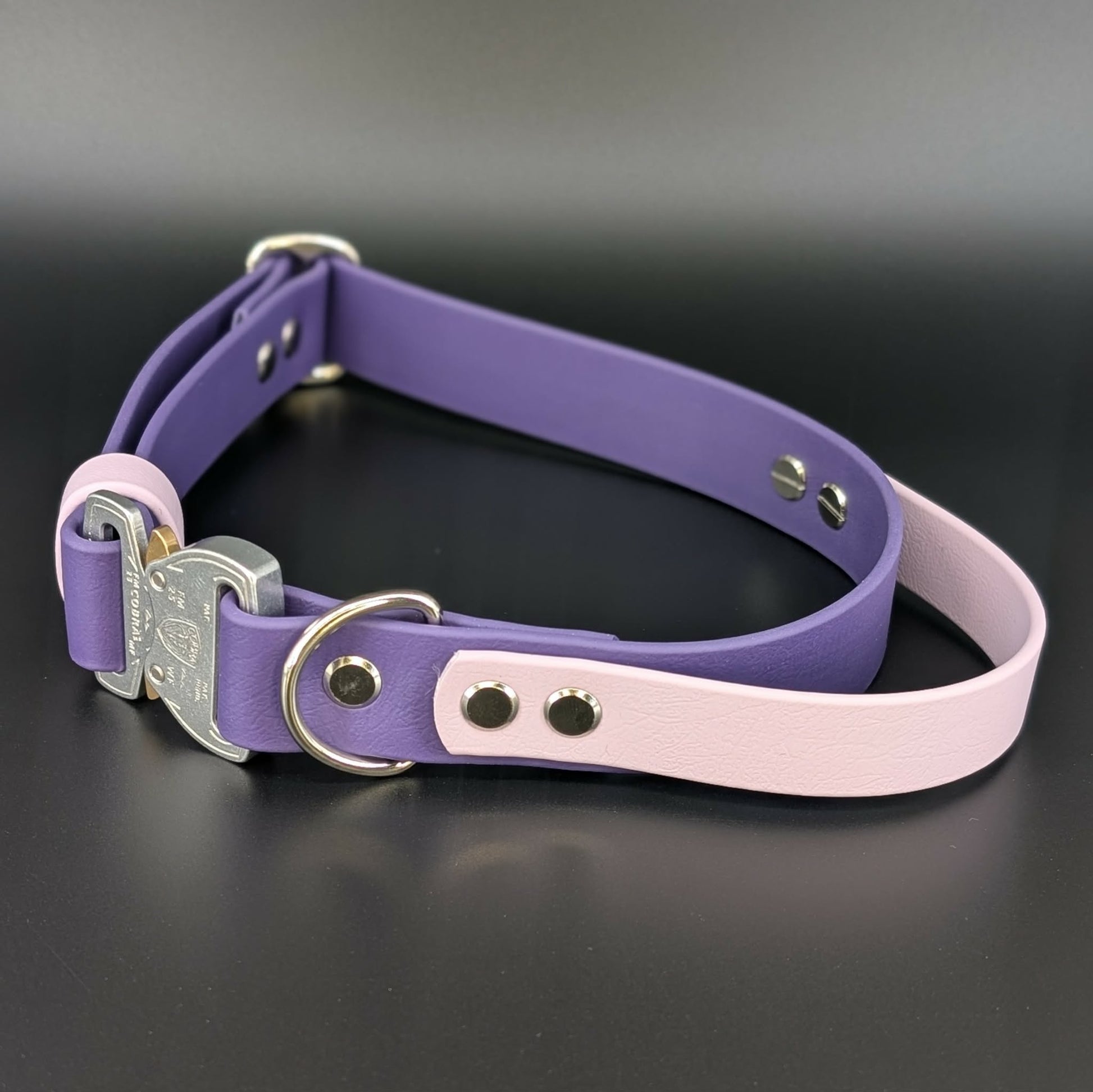 dark purple biothane dog collar with lavender tactical handle and silver quick release cobra buckle