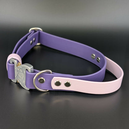 dark purple biothane dog collar with lavender tactical handle and silver quick release cobra buckle