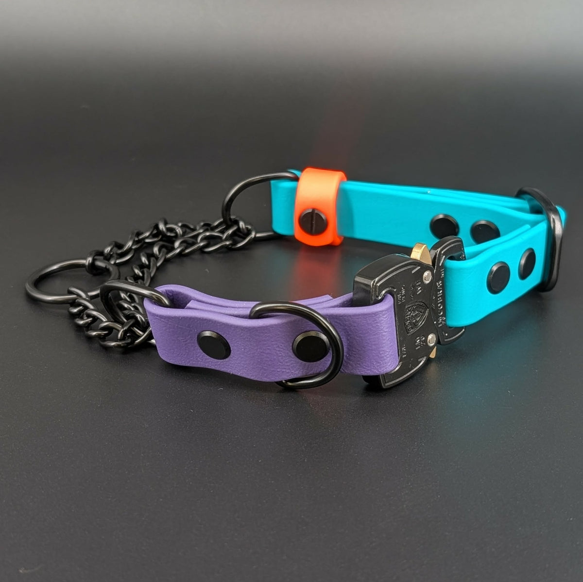 dark purple teal and orange biothane chain martingale dog collar with quick release cobra buckle