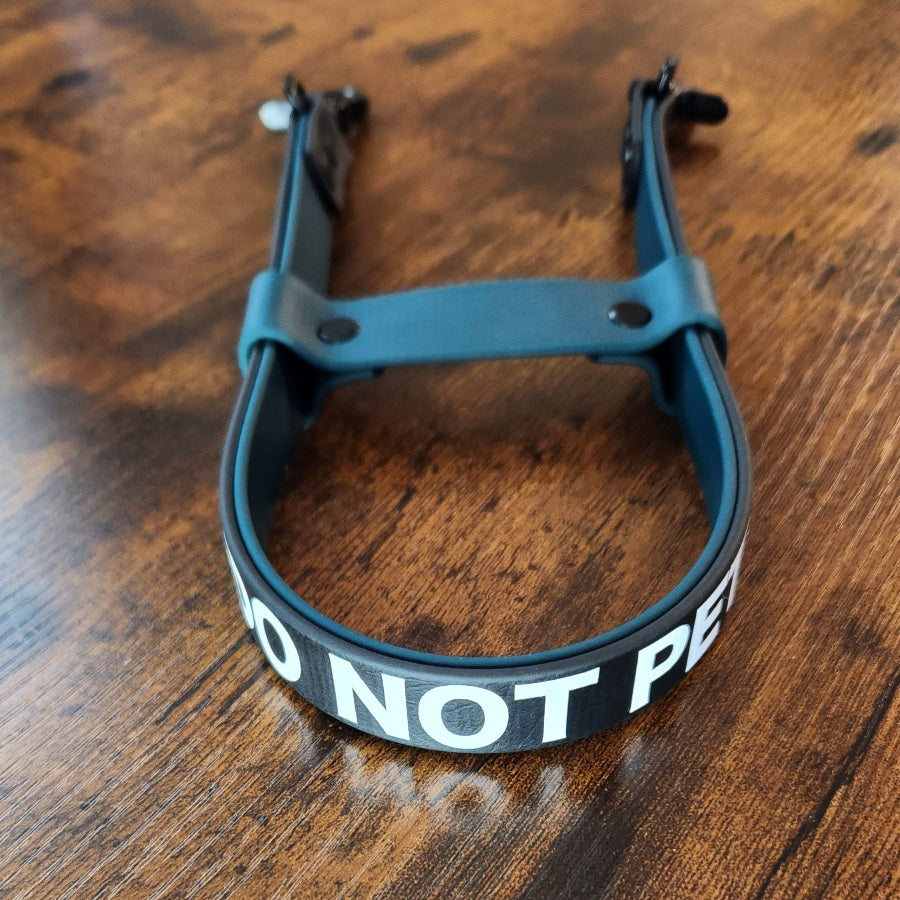 do not pet text on layered green and black biothane pull strap for service dog
