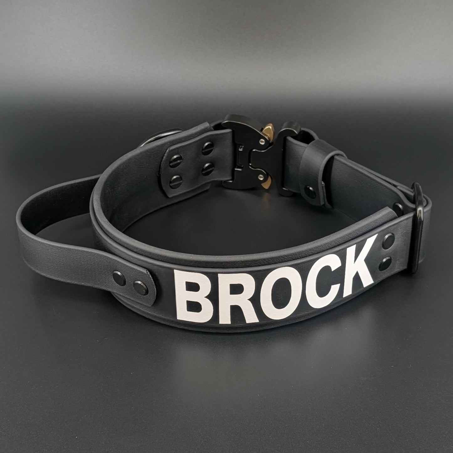 extra wide handle collar for working dog with quick release cobra buckle and custom text