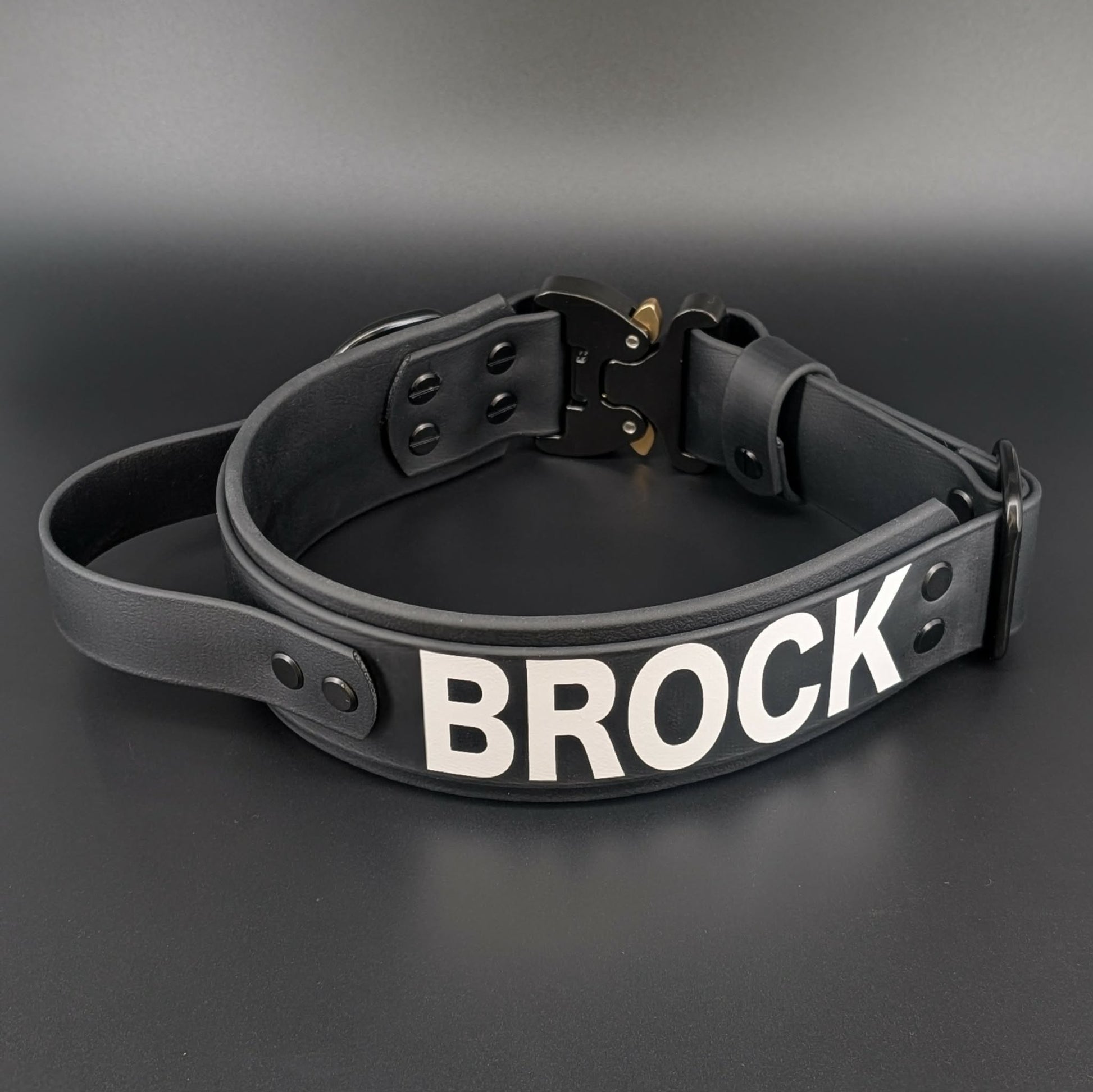 extra wide handle collar for working dog with quick release cobra buckle and custom text