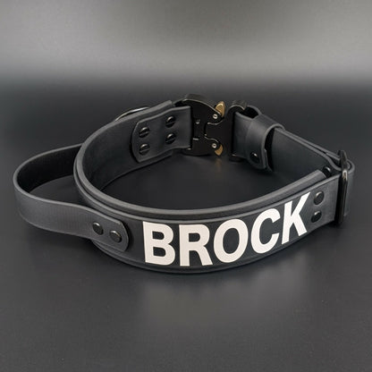extra wide handle collar for working dog with quick release cobra buckle and custom text