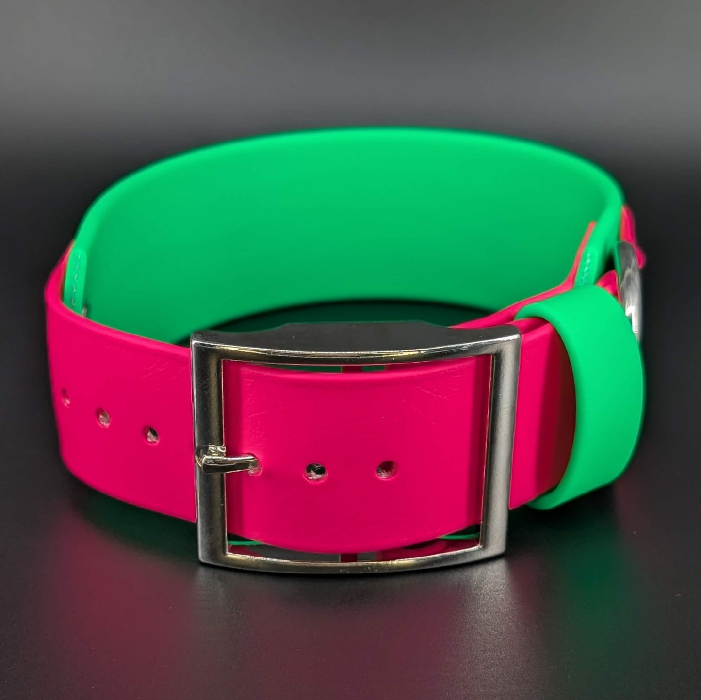 extra wide pink and green biothane dog collar