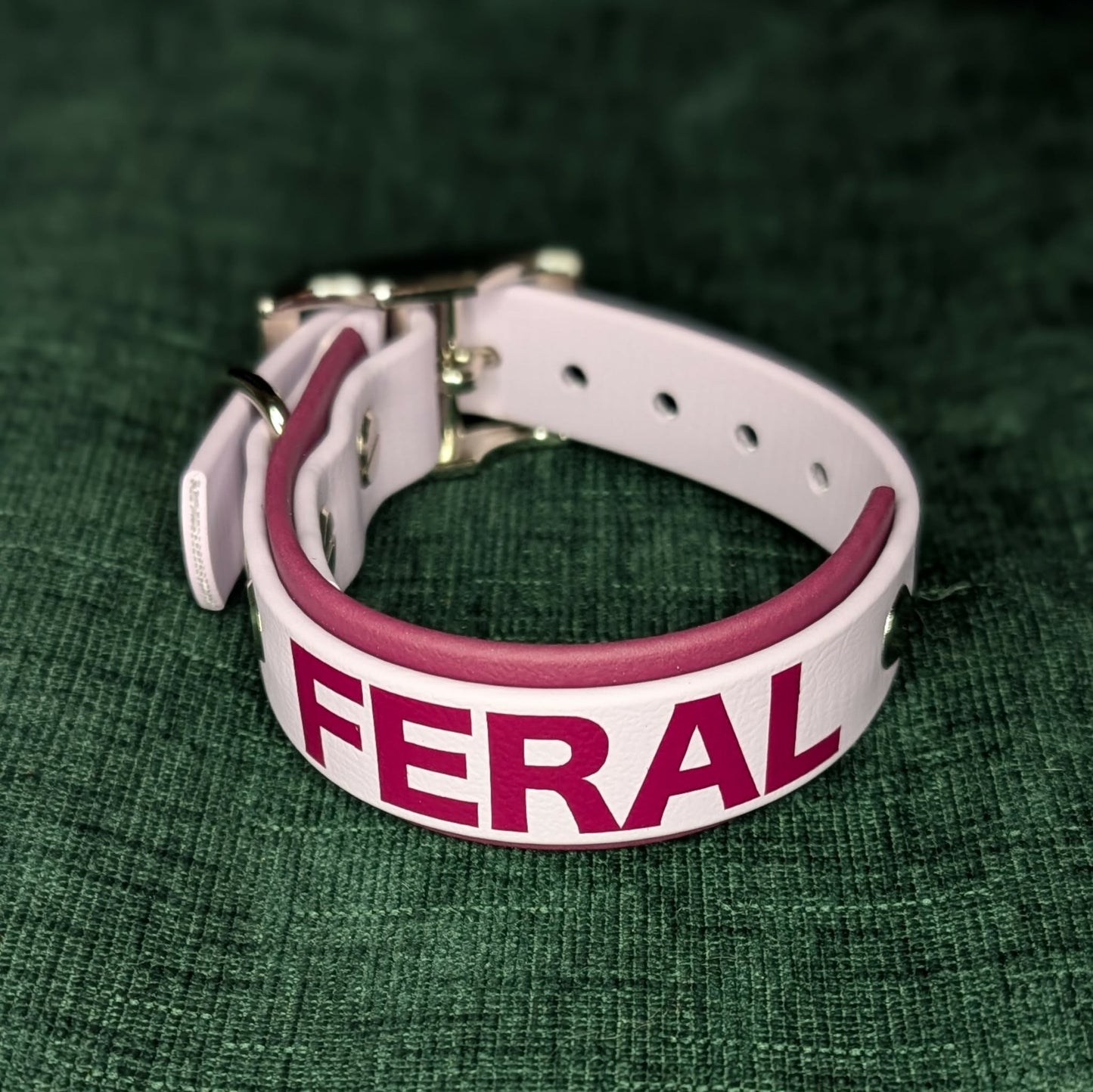 layered lavender and wine biothane dog collar with 'FERAL' printed on it against a green background