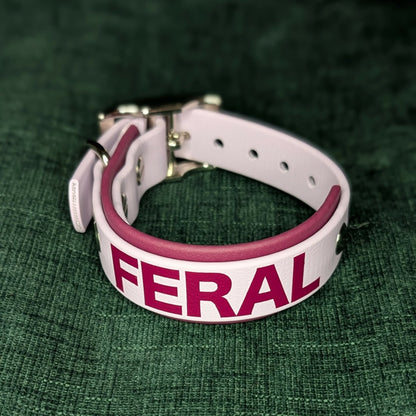 layered lavender and wine biothane dog collar with 'FERAL' printed on it against a green background