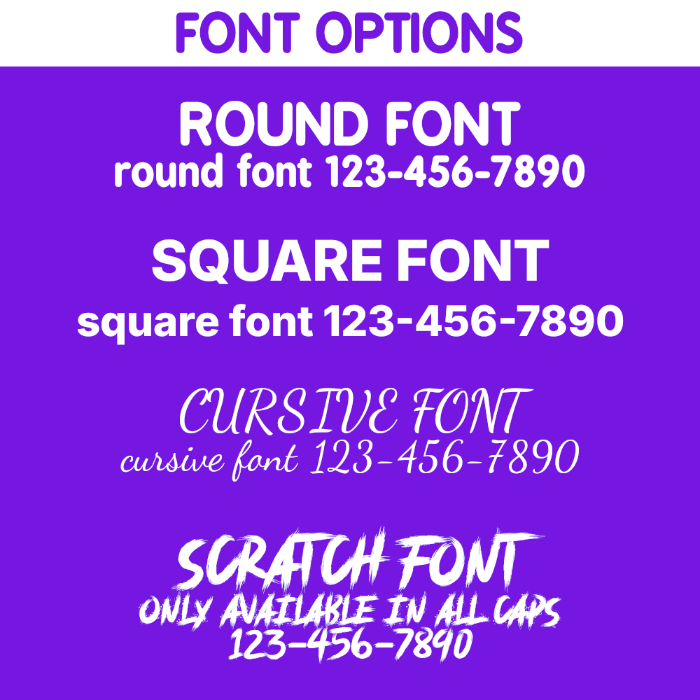 A purple and white graphic displaying font options for custom text dog gear. The font options include round, square, cursive, and scratch. Examples are shown in caps, lower case, and numbers, with a note that scratch is only available in all caps.