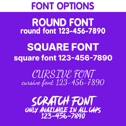 A purple and white graphic displaying font options for custom text dog gear. The font options include round, square, cursive, and scratch. Examples are shown in caps, lower case, and numbers, with a note that scratch is only available in all caps.