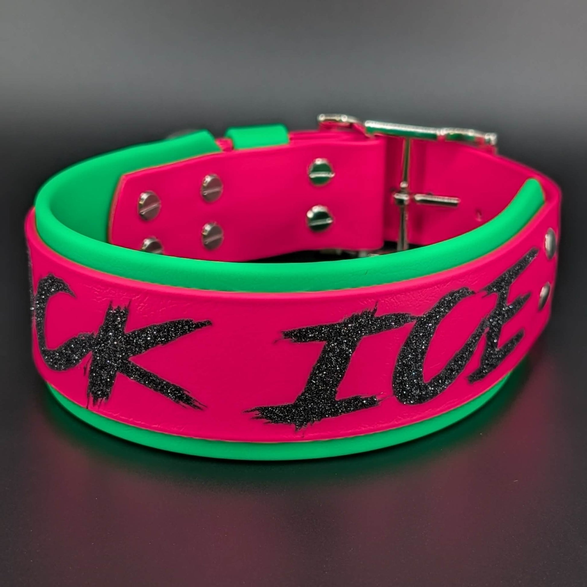 fuck ice 2 inch wide pink and green biothane dog collar