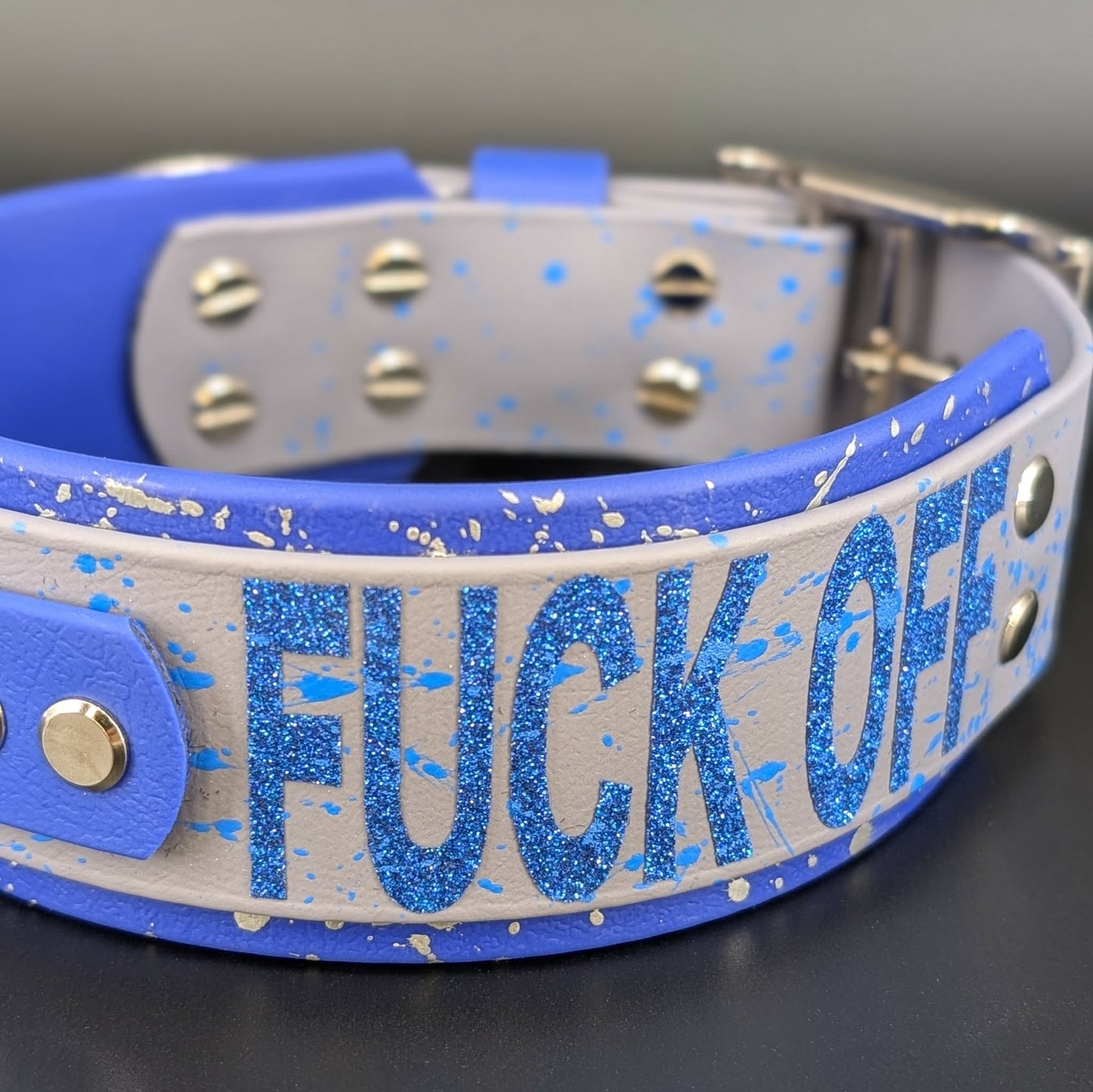 glitter fuck off text on royal blue and gray layered tactical handle collar