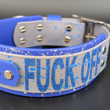 glitter fuck off text on royal blue and gray layered tactical handle collar