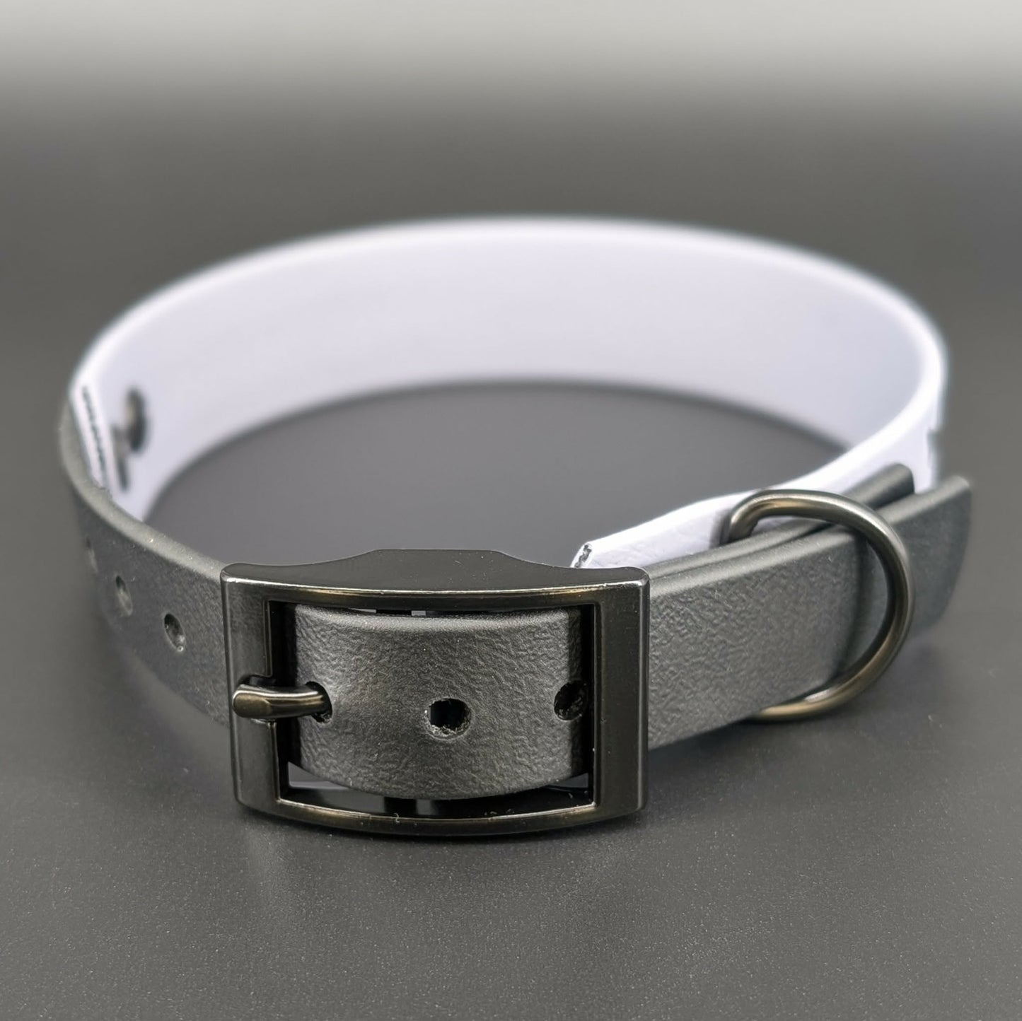 gray and black tapered biothane collar for small dog