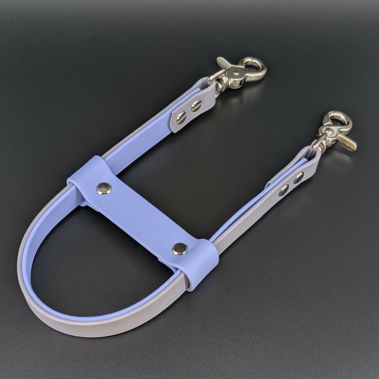 gray and periwinkle blue layered biothane-pull strap for momentum pulling service dog task