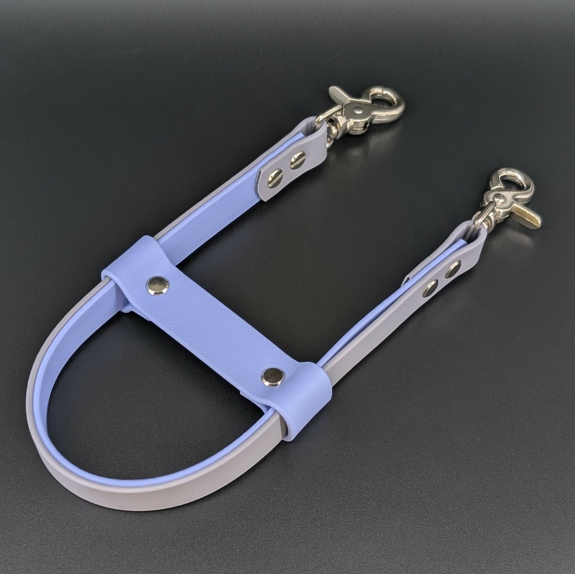 gray and periwinkle blue layered biothane-pull strap for momentum pulling service dog task