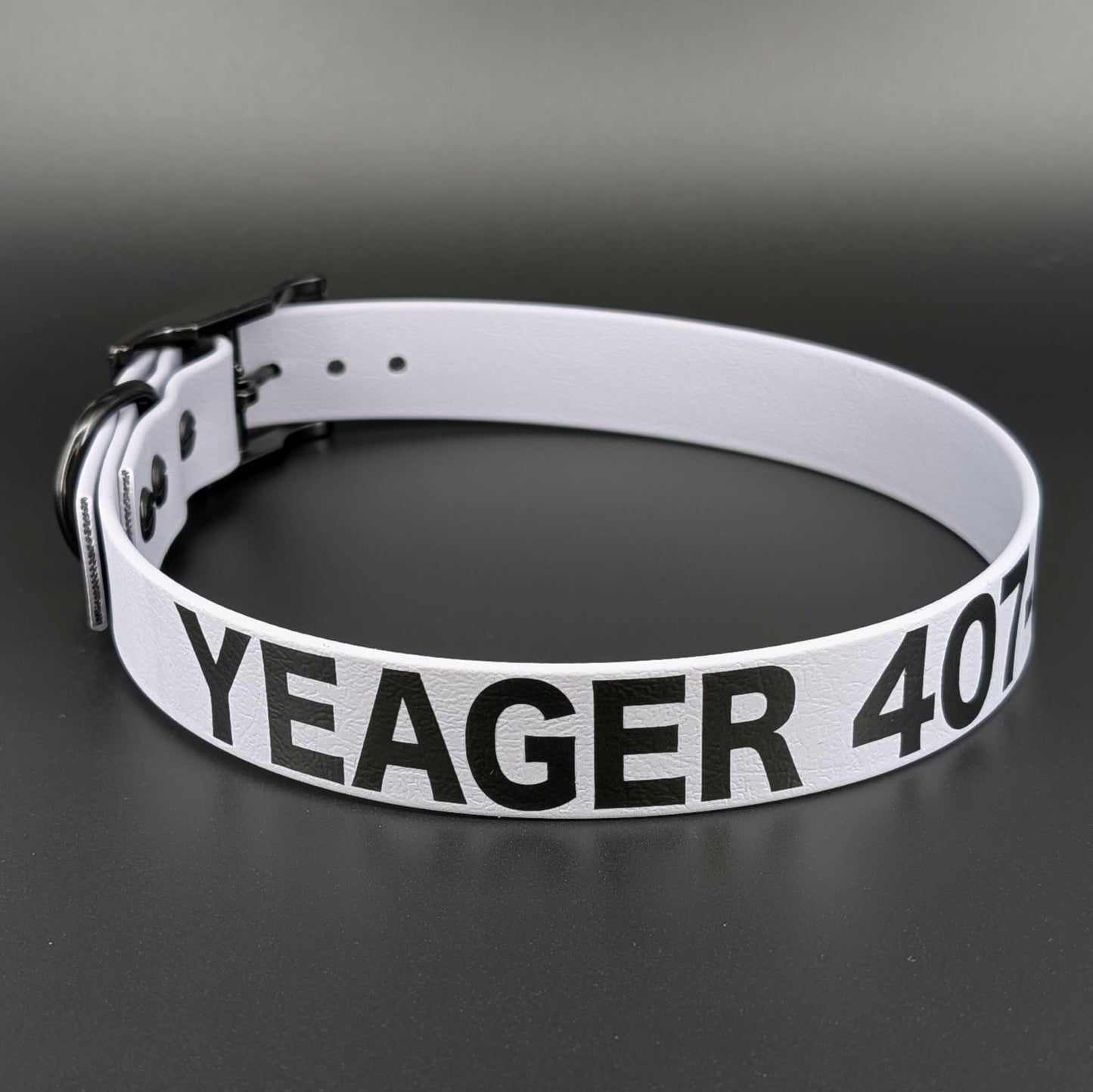 gray biothane dog collar with custom name and phone number