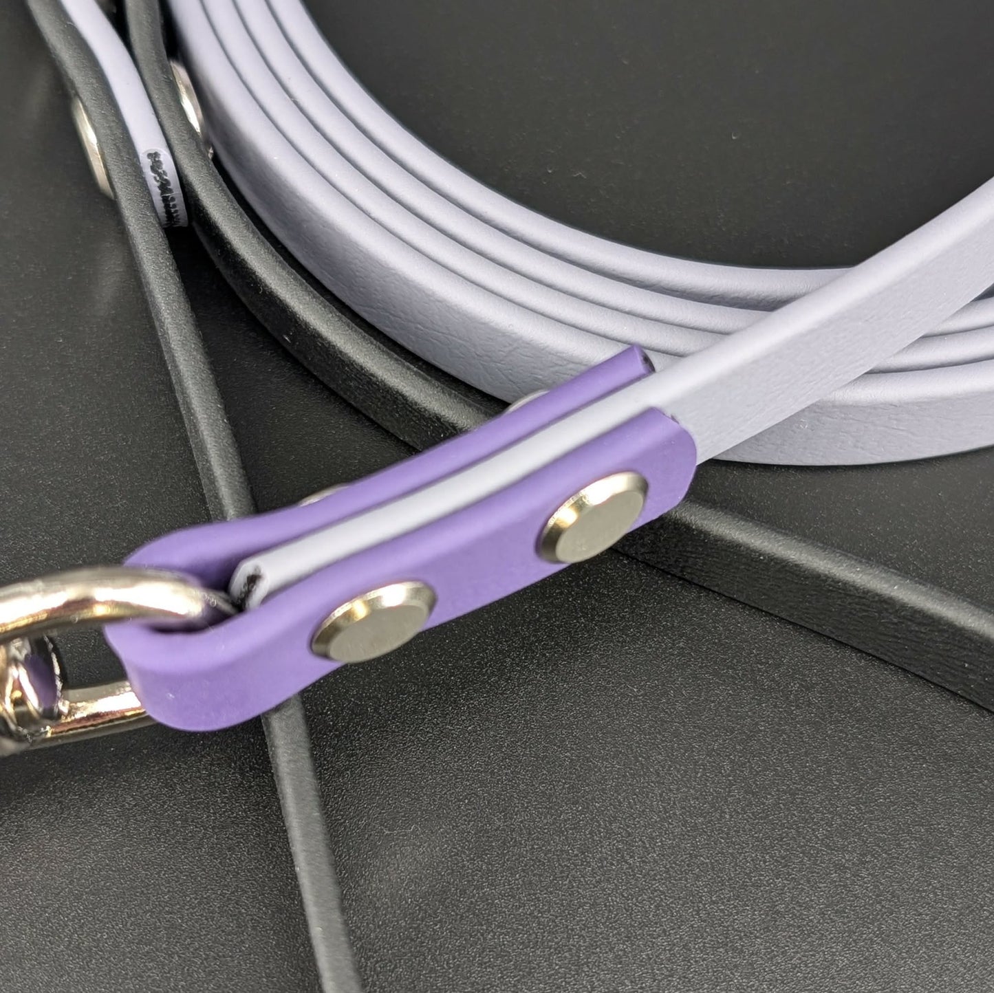 gray black and dark purple biothane dog leash