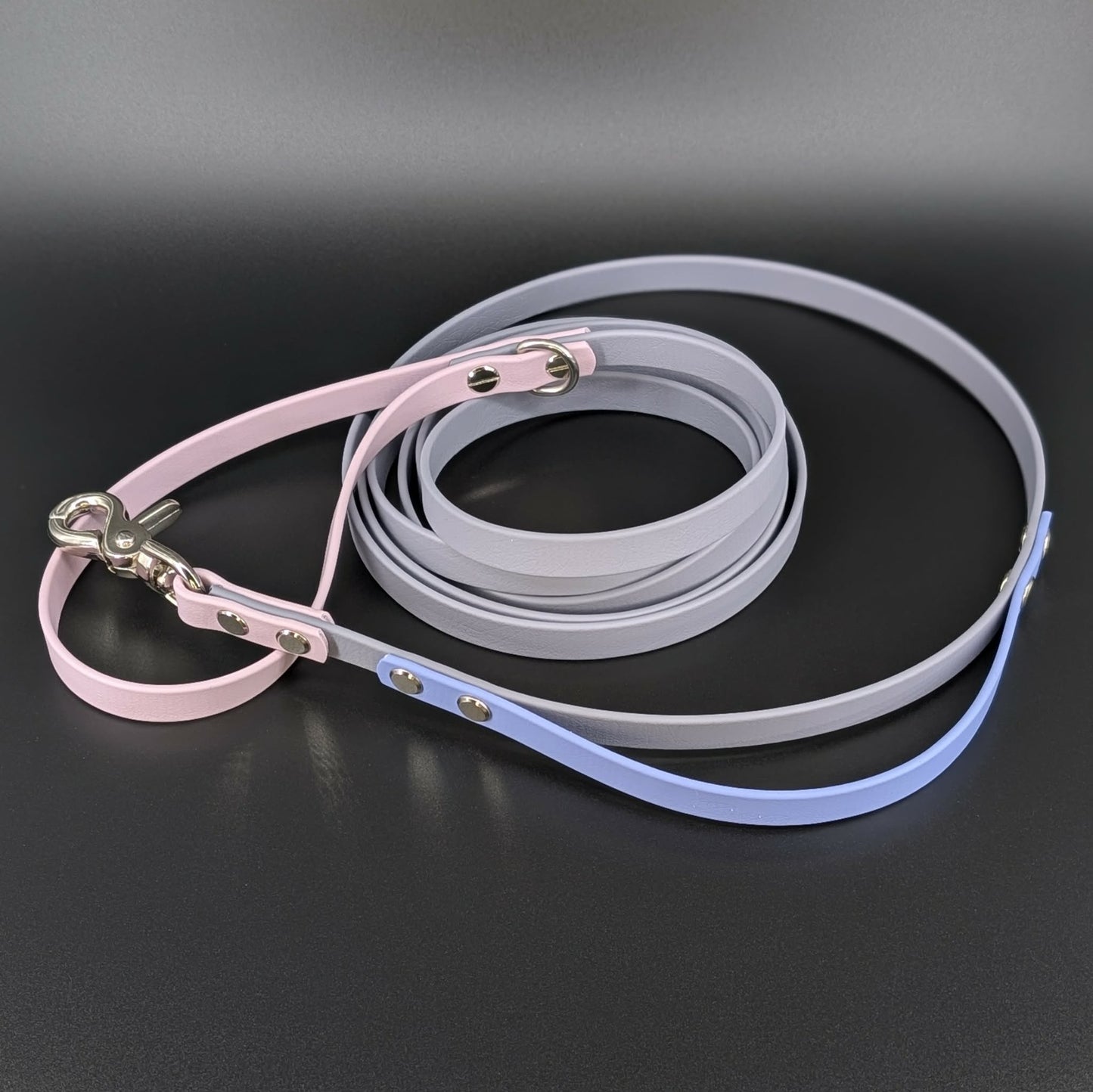 gray lavender and periwinkle blue biothane dog leash with built in traffic handle