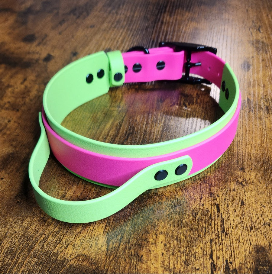 green and pink layered biothane tactical handle collar