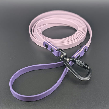 half inch wide 10 feet long lavender and dark purple biothane leash with black auto locking carabiner clip