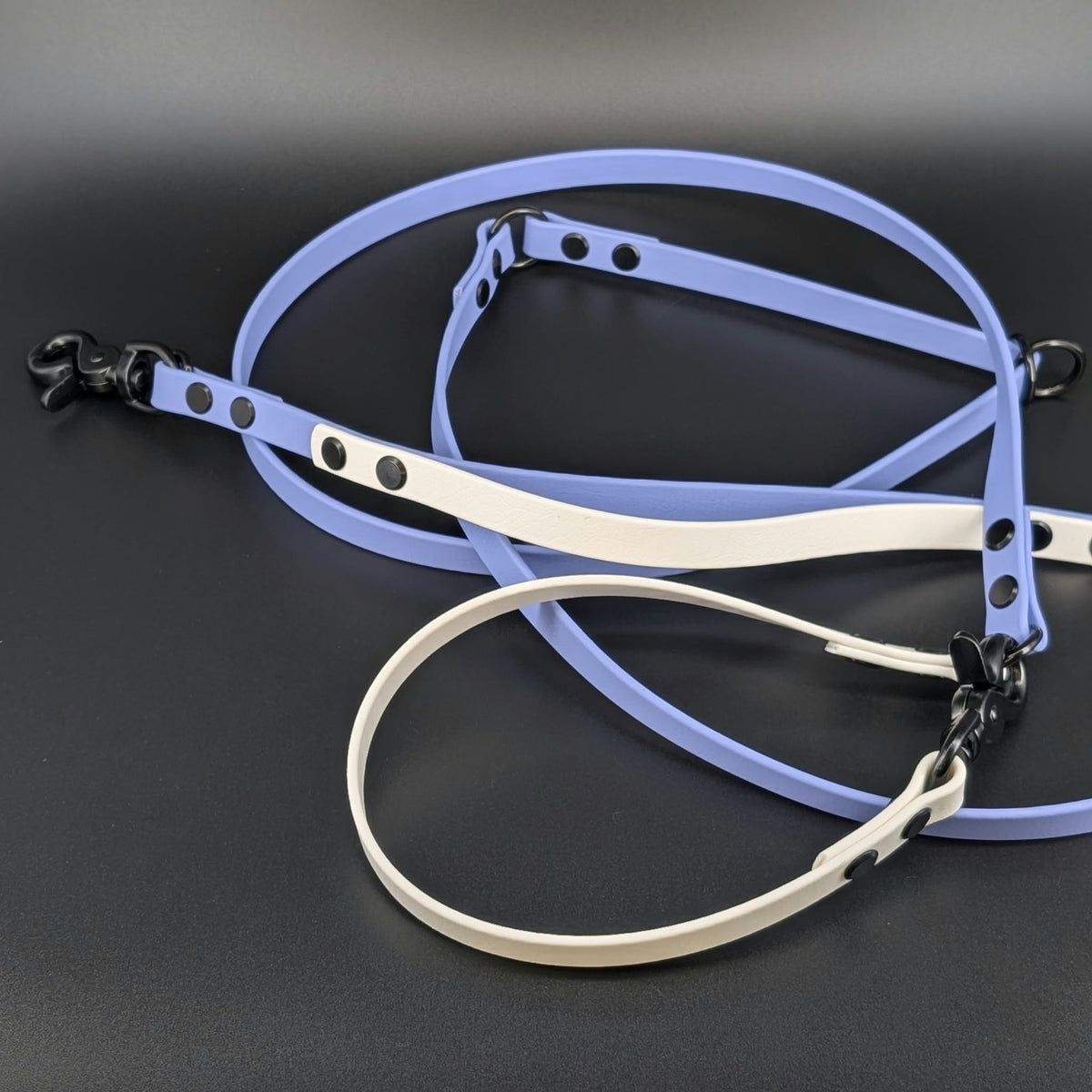 half inch wide biothane hands free dog leash with built in traffic handle and adjustable waist attachment point