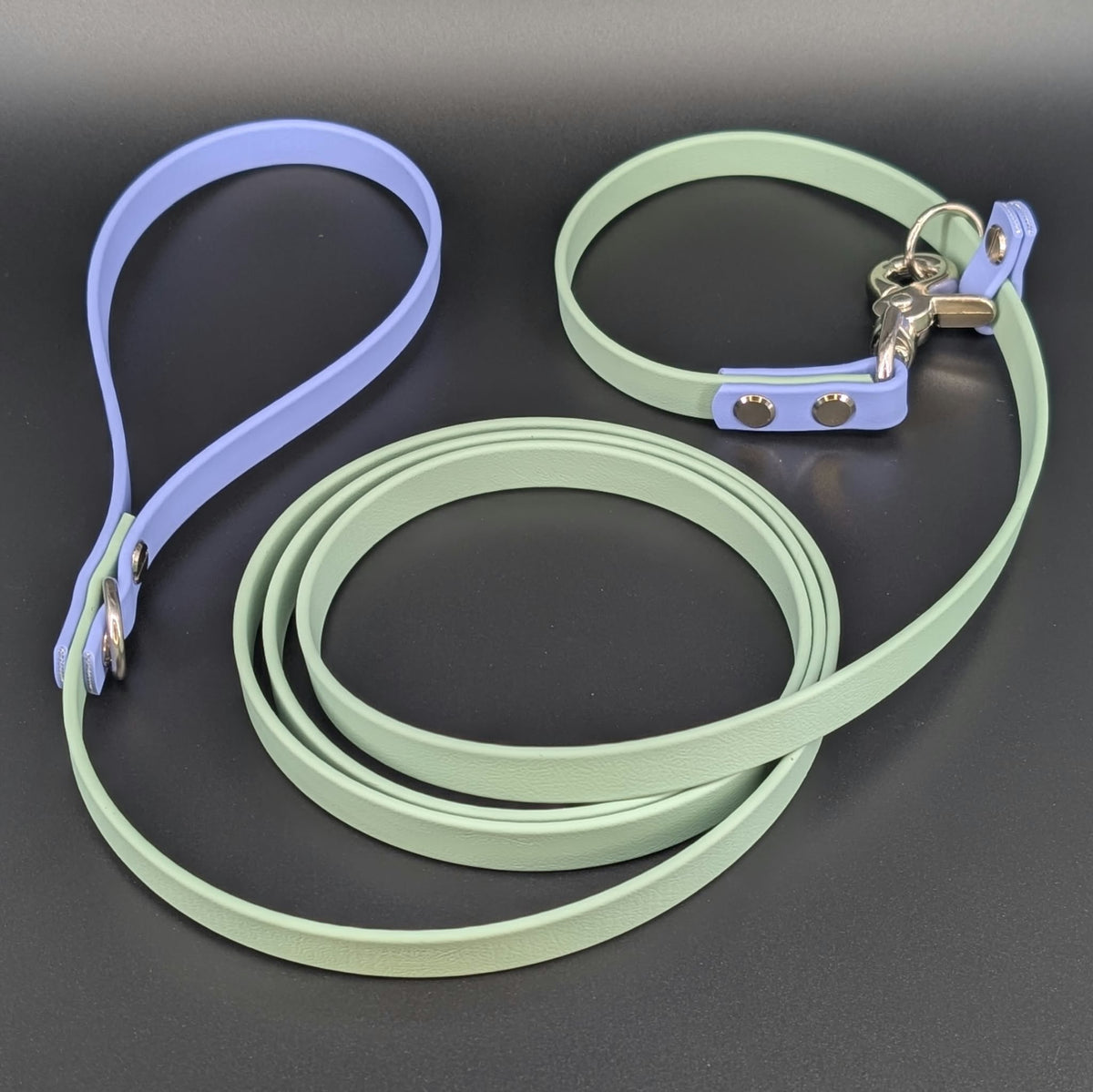 half inch wide sage green and periwinkle blue biothane slip lead with convertible quick release clip
