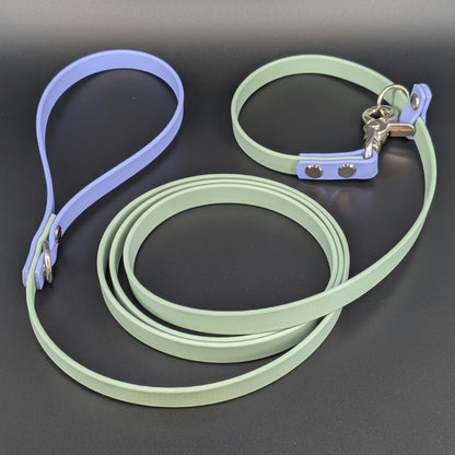 half inch wide sage green and periwinkle blue biothane slip lead with convertible quick release clip