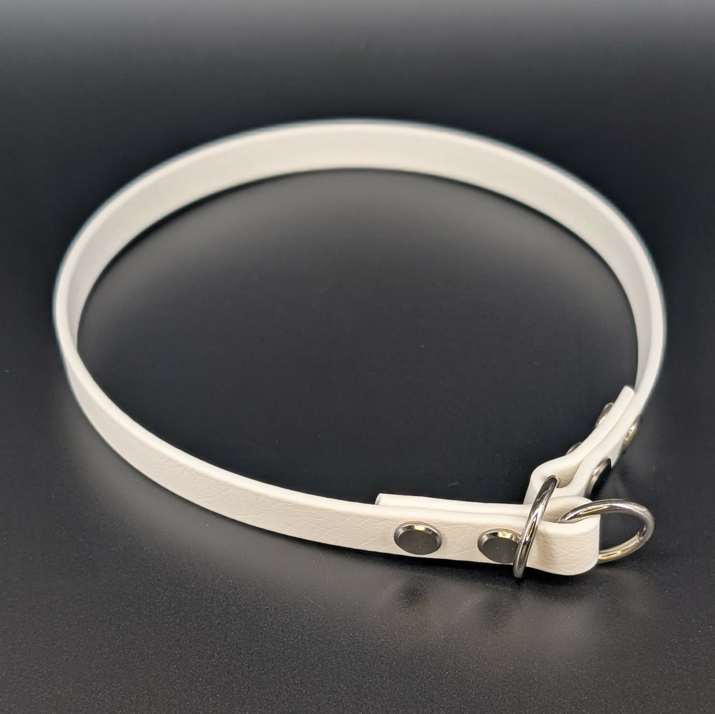 half inch wide white biothane slip collar with silver hardware
