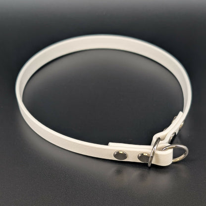 half inch wide white biothane slip collar with silver hardware