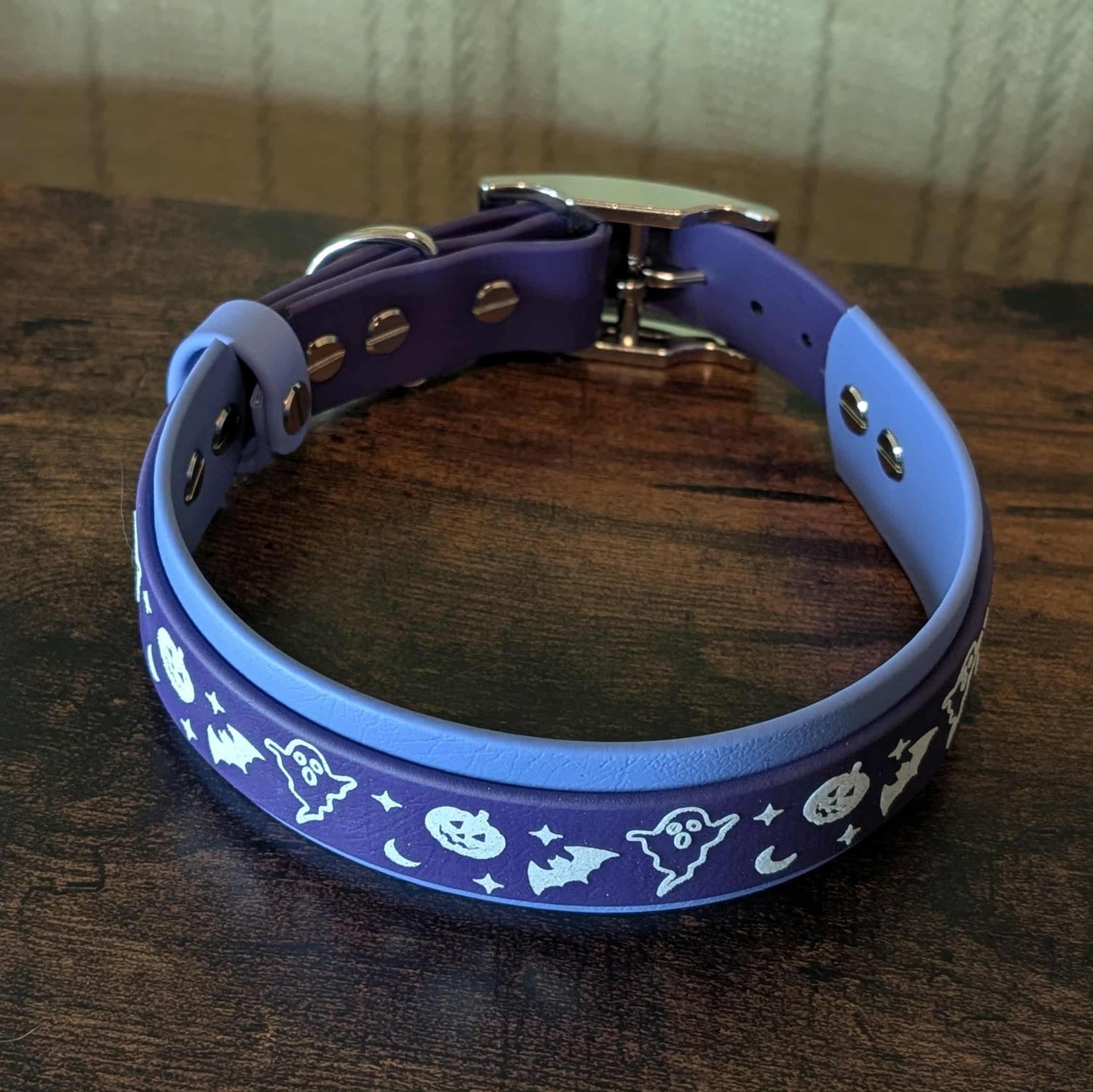 Halloween periwinkle blue and dark purple  layered biothane dog collar