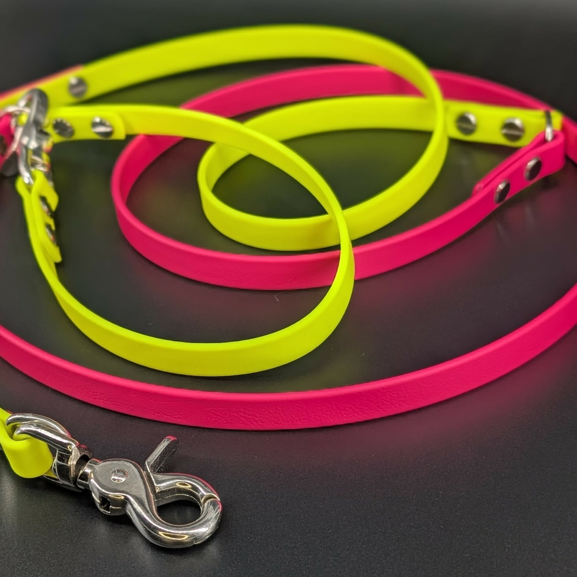 hands free dog leash handcrafted from pink and yellow biothane