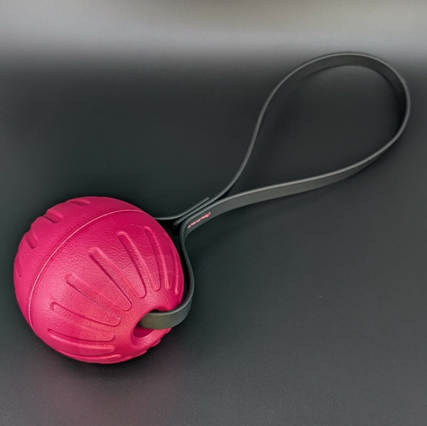 large pink Eva foam reward ball tug with black biothane loop handle for dog
