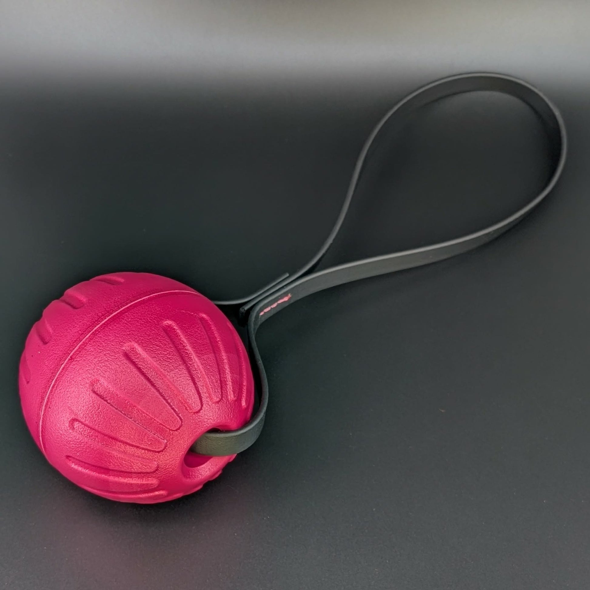 large pink Eva foam reward ball tug with black biothane loop handle for dog