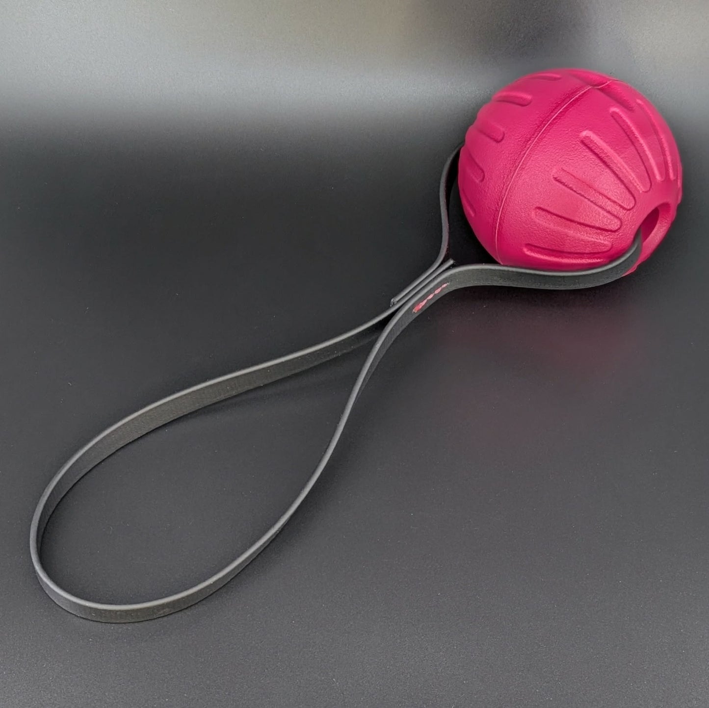 large pink Eva foam reward ball tug with black biothane loop handle