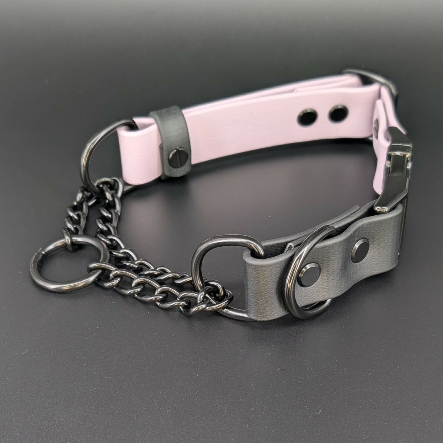 lavender and black biothane chai martingale dog collar with quick release buckle