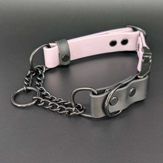 lavender and black biothane chai martingale dog collar with quick release buckle