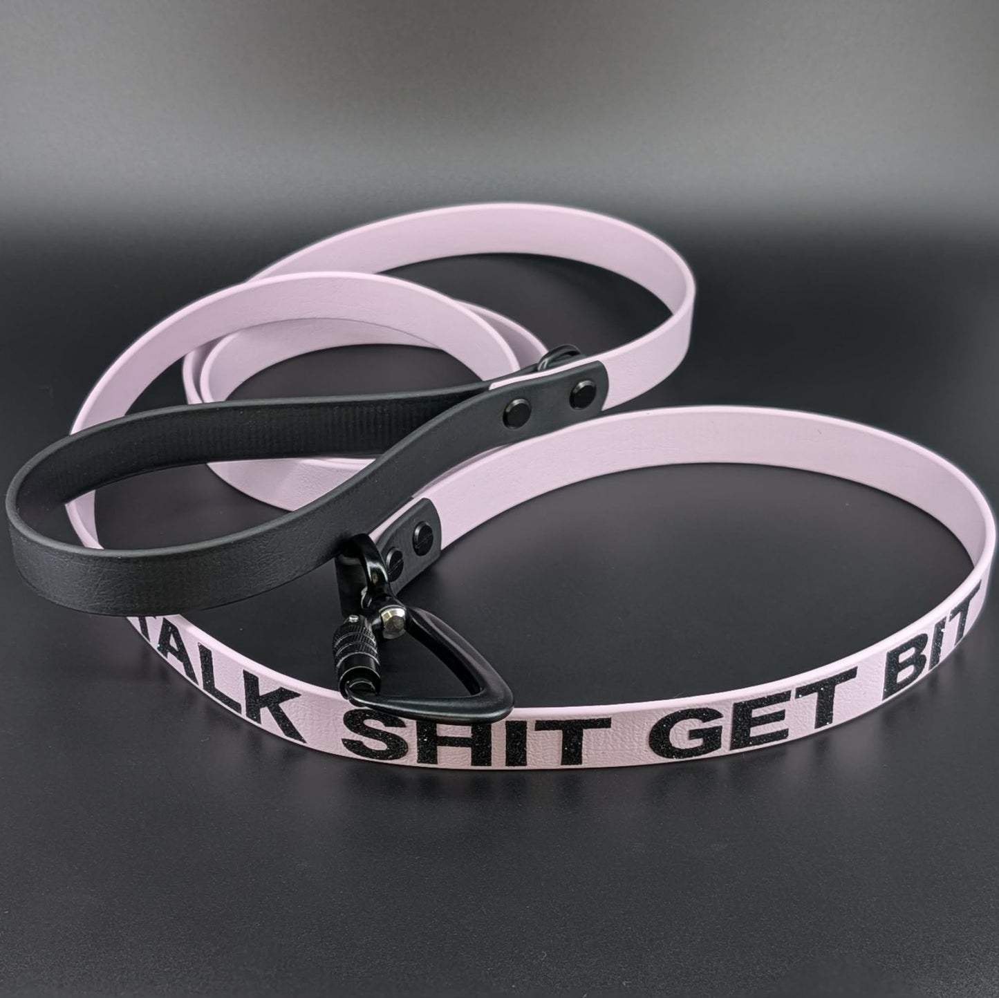 lavender and black biothane dog leash with carabiner clip and talk shit get bit text
