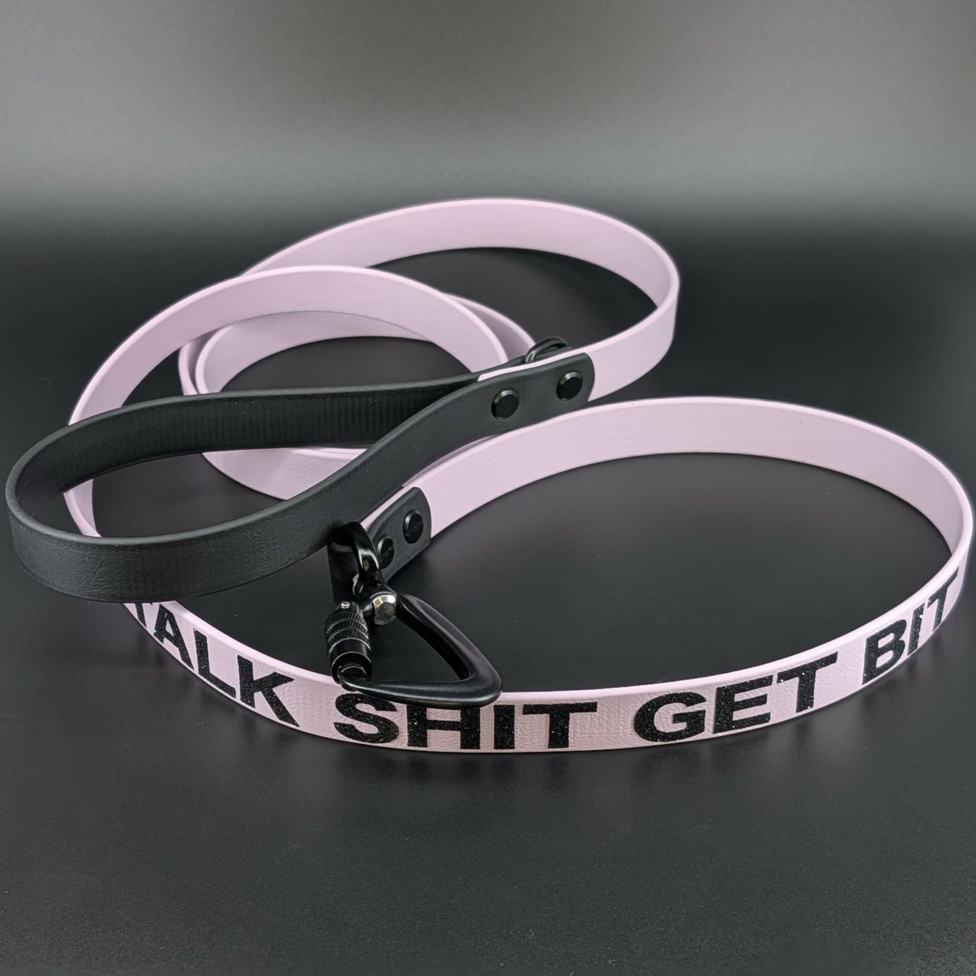 lavender and black biothane dog leash with carabiner clip and talk shit get bit text